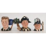 Royal Doulton small jugs: London bobby D6772, Fletcher Christian D7075 and Micheal Doulton D6708 (3)