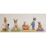 Royal Doulton Bunnykins figures Susan: Playtime DB8, Polly daydreaming DB443 and A ride through