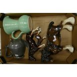 A mixed collection of item to include: Saddler type horses, Lovatts ribbed jug and Britania Metal