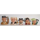 Royal Doulton small character jugs: Town crier D6537, Golfer D6756, Sgt vuz fuz, beefeater, sairy