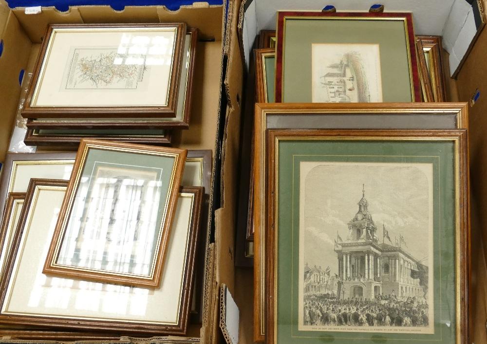 A large collection of local theme framed prints: 2 trays