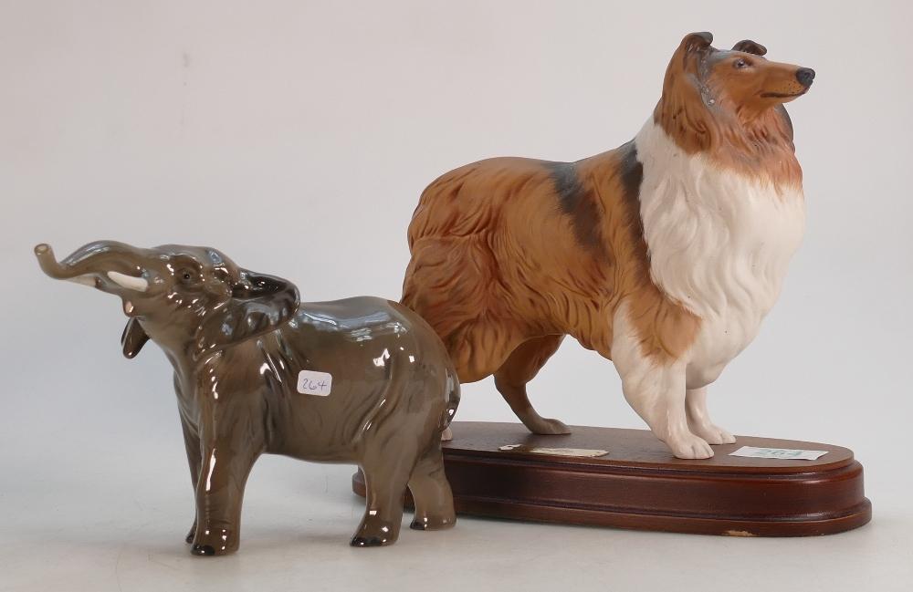 Royal Doulton Seconds figure of Collie Dogon pinth: together with Beswick Elephant, trunk in