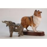 Royal Doulton Seconds figure of Collie Dogon pinth: together with Beswick Elephant, trunk in