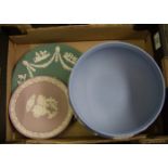 A collection of Wedgwood Jasperware to include: fotted bowl, aqua plate and lavender similar items (