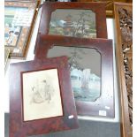 Framed Chinese and Japanese images: in lacquered frames