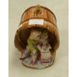 20th Century Continental style figure group: of children under barrel. Height 15cm