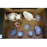 A mixed collection of ceramic items: including Wedgwood jasper ware lidded trinket boxes, Royal