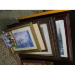 A collection of framed prints: of street and country scenes