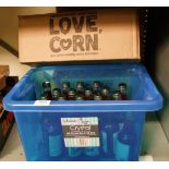 A quantity of Love Corn: premium corn snacks (approx 300 packs), plus a quantity of fruit juice.
