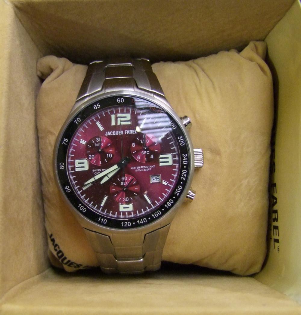 Boxed Jacques Farel Mens Chronograph Watch: