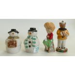 Wade Novelty figure to include: Catkins Clown, Seated Lady Pepper Pot, snowman condiment set(4)