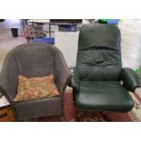 Green leather and hard wood swivel office chair: together with a wicker tub chair (2)