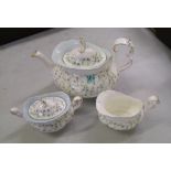 Royal Albert Caroline Teaset: comprising teapot, covered two handled sugar pot and milk jug. (