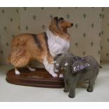 Royal Doulton Seconds figure of Collie Dog on plinth: together with Beswick Elephant, trunk in