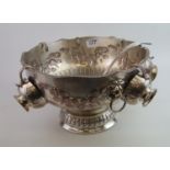 Silver plated on copper punch bowl: ladle and 6 serving cups