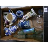 A mixed collection of items to include Wedgwood dipped blue items: decorative glass decanters,
