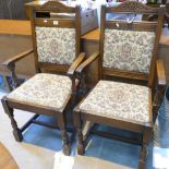 Pair of Carved Oak Arm Chairs: tapestry upholstered cushions(2)