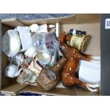 A mixed collection of items to include: pottery horse figure, Damaged Royal Doulton figure,