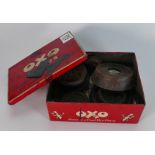 Vintage oxo tin containing set iron Avery & Siddons kitchen weights: (15)