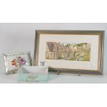 Small landscape framed print together with Dresden floral pottery design box and cover.