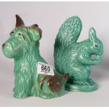Sylvac Green Art Deco Dog figure 1118, height 17cm: together with Squirrel figure 1143, height 17cm.