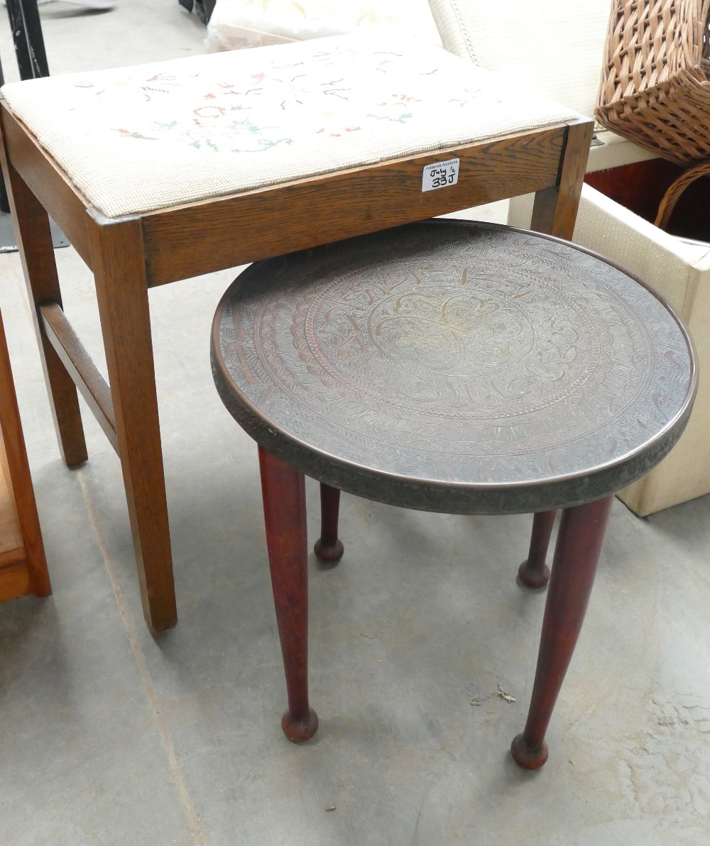 Brass topped occasional table: and oak framed upholstered table