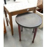 Brass topped occasional table: and oak framed upholstered table