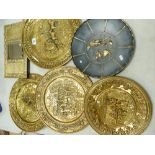 A Collection of Mid Century Brass Wall Plaques: diameter of largest 39cm(6)