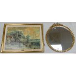 Gilded circular wall mirror: ribbon topped decoration and framed constable print.