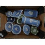 A collection of sage green and blue Wedgwood items to include: ashtrays, trinket boxes,