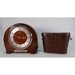 Smiths oak cased mantle clock (missing glass) and pair Swift binoculars in case.