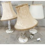 Three wooden table lamps and shades: