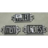A reproduction art deco themed toilet signs: length of largest 15cm
