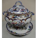 19th Century Minton floral decorated tureen and stand: marked B.