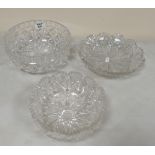 Three quality cut glass bowls: diameter of largest 20cm