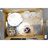 A mixed collection of items to include: cut glass dressing table set, decorative lidded box,