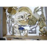 A mixed collection of silver plated and brass items to include: ring holders, ornaments, book ends,