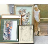 A mixed collection of framed items to include: Mid Century Tramp Oil,