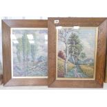 Two oak framed landscaped tapestries: