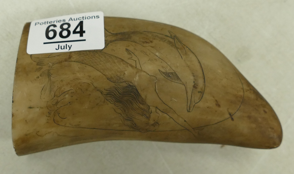 Resin reproduction whales tooth scrimshaw: height 13cm