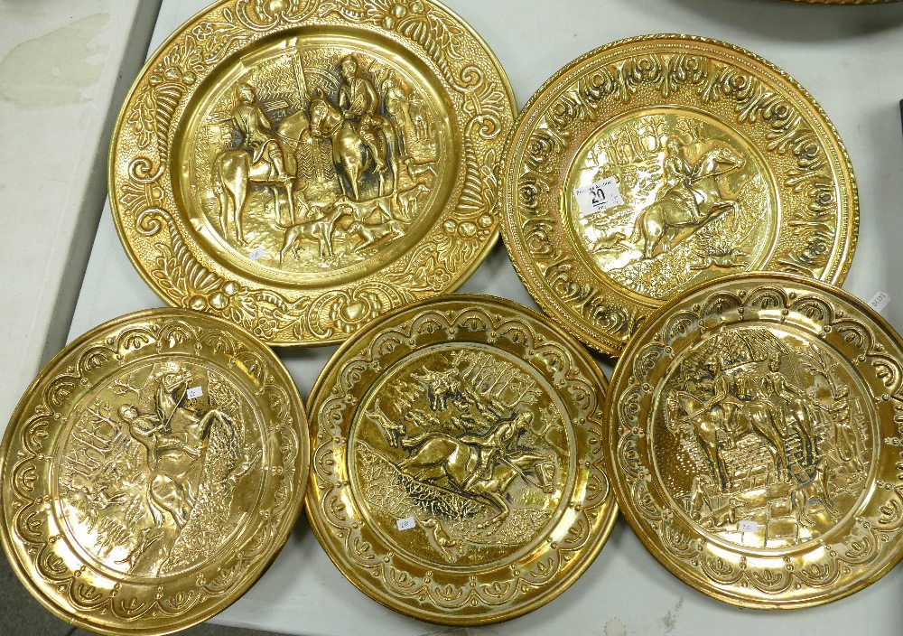 A Collection of Mid Century Brass Wall Plaques: with hunting scene's,