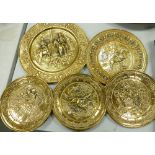 A Collection of Mid Century Brass Wall Plaques: with hunting scene's,