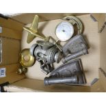 A mixed collection of items to include: Parkers Silver Crown Carbide Cycle lamp, Metal Irons,