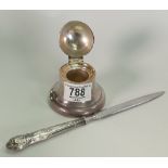 Silver inkwell in the form of a bell and Silver handled knife: (2)