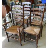 Set of Four Quality Oak Ladder back dining chairs with rush seats(4):