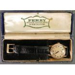 Garrard 9ct Gentleman's 1950s wristwatch: retirement inscribed with leather strap in original box.