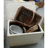 Fabric covered box: collection of wicker baskets and chamber pot