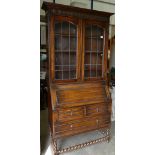 1920's Oak Bureau Bookcase on barley twist legs: height 200cm x 92cm width x 37cm depth