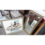 Decorative Framed Hall Mirror: together with Mid Century Print(2)