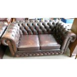 Brown Leather Chesterfield Two Seater Settee: